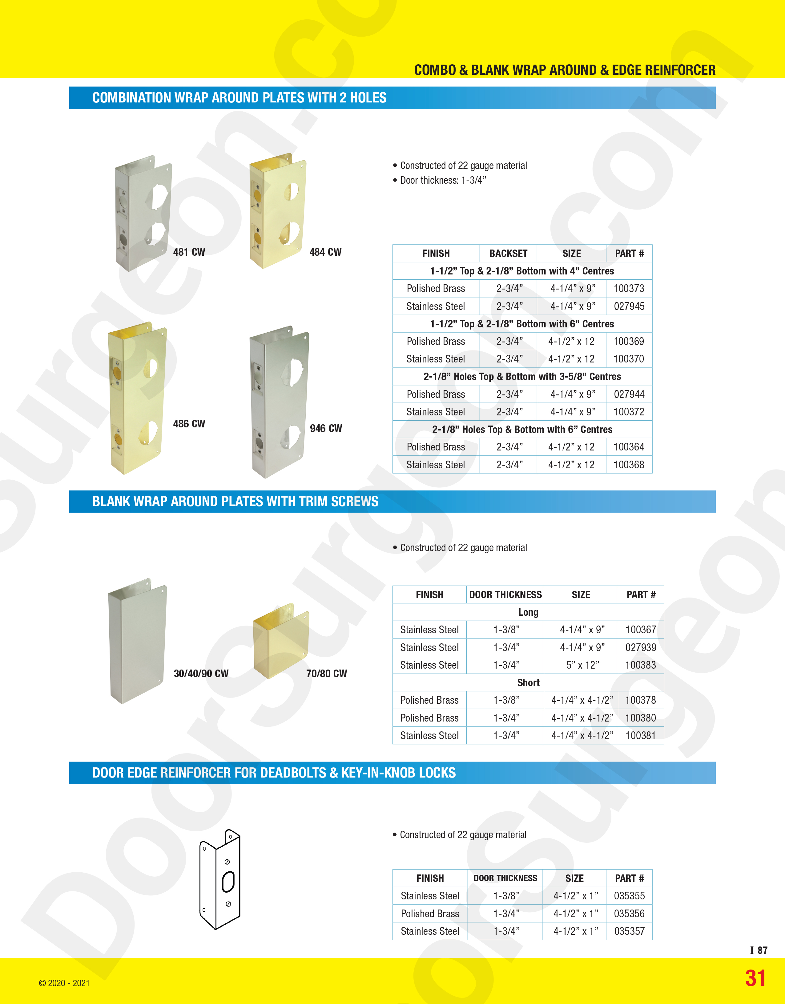 Combination wrap around plates with 2 Holes, Blank wrap around with trim screws, Door edge reinforcer for deadbolts Key-in-knob locks<